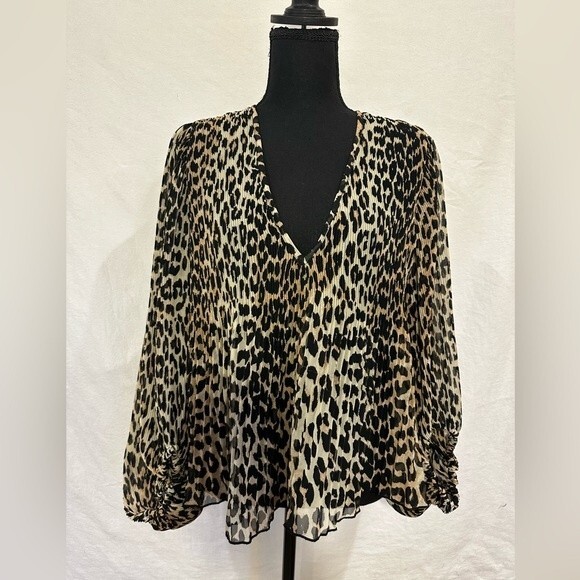 GANNI Georgette Pleated Leopard-Print Blouson Sleeve Blouse Size 34/2 US - Picture 4 of 16